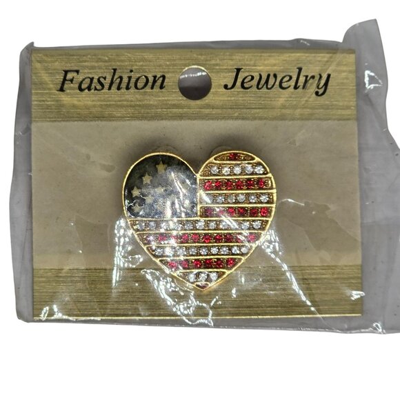 N/A Jewelry - Heart Shaped American Flag Brooch Pin Gold Tone With Red & Blue Glitter Accents